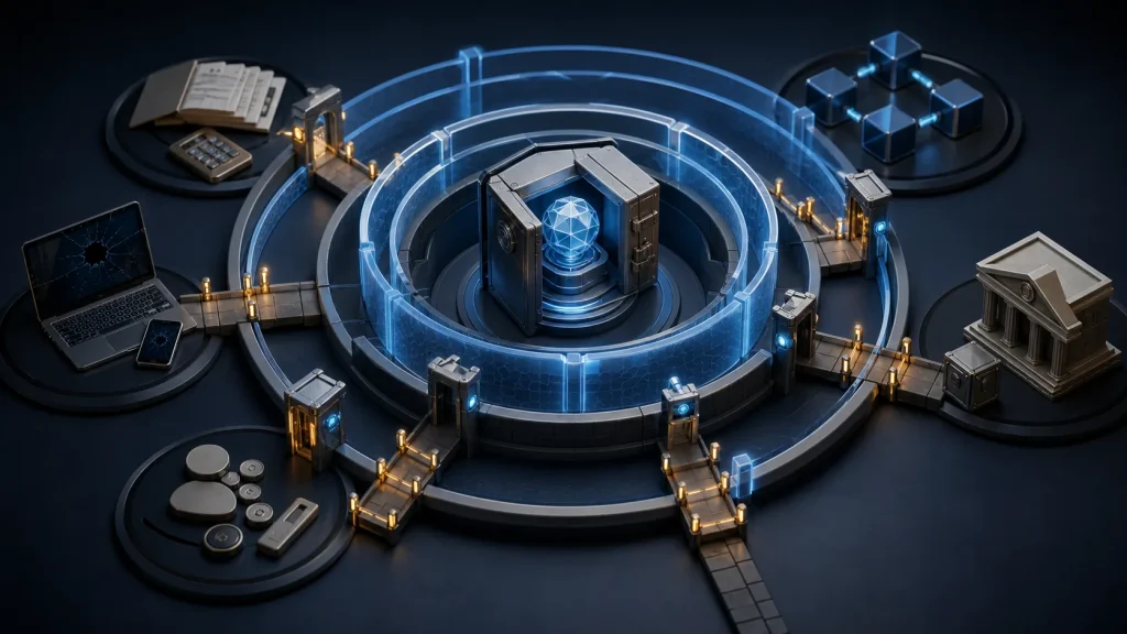 Layered security protecting crypto assets from device, account, contract and custody threats