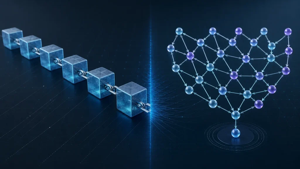 Hashgraph vs Blockchain: Consensus, Finality and the Real Trade-Offs Linear blockchain compared with a directed acyclic graph reaching consensus