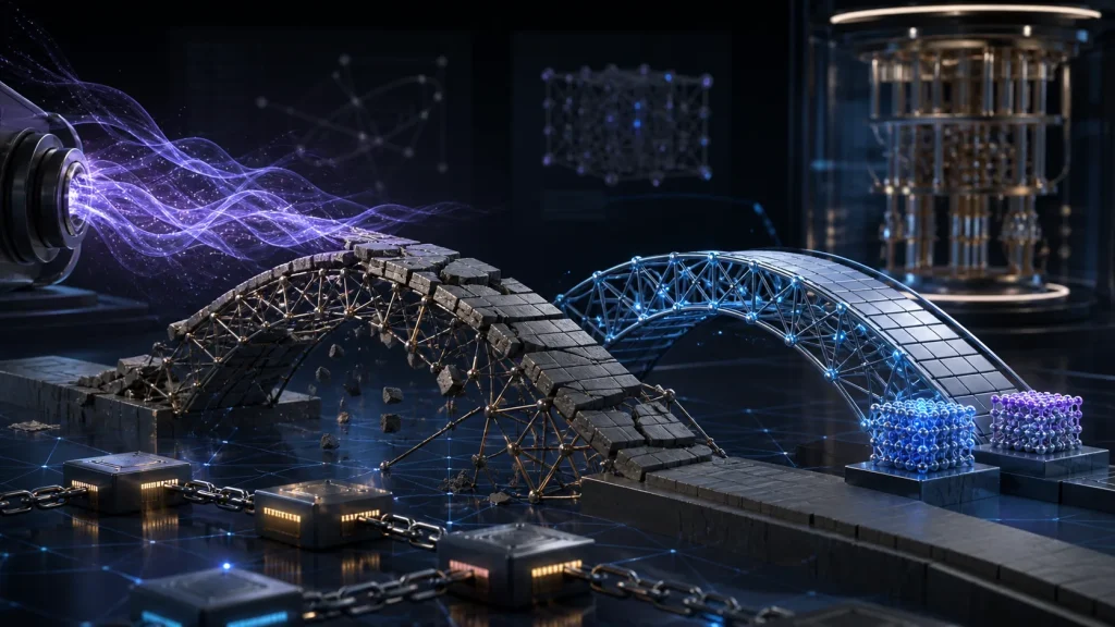 Can Quantum Computers Break Blockchains? The Signature Risk Explained Classical blockchain signature bridge facing a quantum threat beside a post-quantum replacement